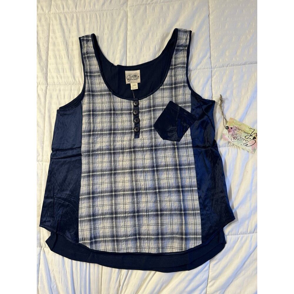 Closet Romantic Women's Boho Cotton Silk Blue Checkered Elizabeth Tank Sz L